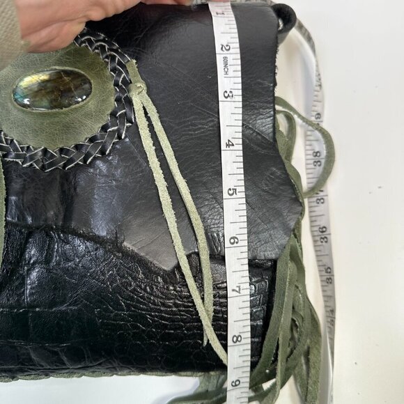 FPP Handmade Black Genuine Leather Crossbody Purse Boho Western Fringe Stone - Picture 12 of 13